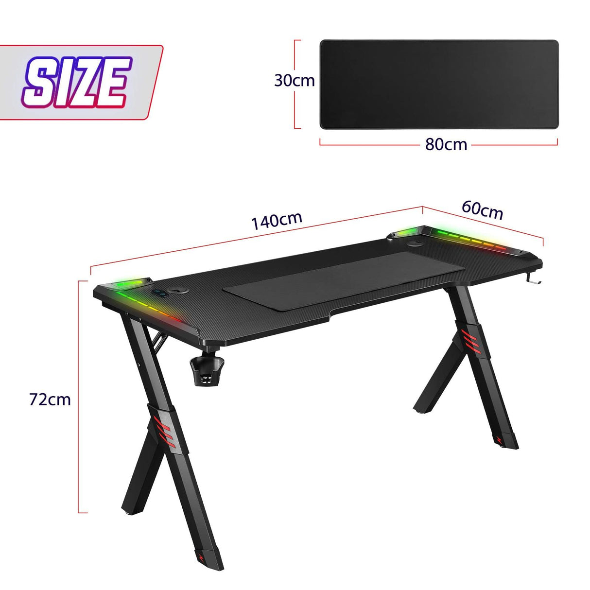 Gaming Desk with Led Light Computer Desk Home Office Workstation Racer Table Desktop Carbon Fiber 140CM