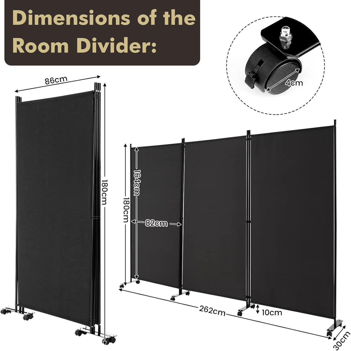 3 Panels Folding Privacy Screen, 180cm Tall Room Divider with Metal Frame & Wear-Resistant Fabric, Freestanding Partition Wall Divider with Rolling Wheels for Home, Office, Hospital