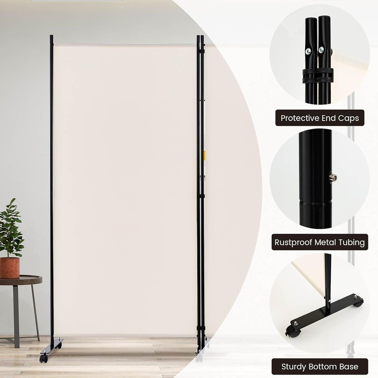 3 Panels Folding Privacy Screen, 180cm Tall Room Divider with Metal Frame & Wear-Resistant Fabric, Freestanding Partition Wall Divider with Rolling Wheels for Home, Office, Hospital