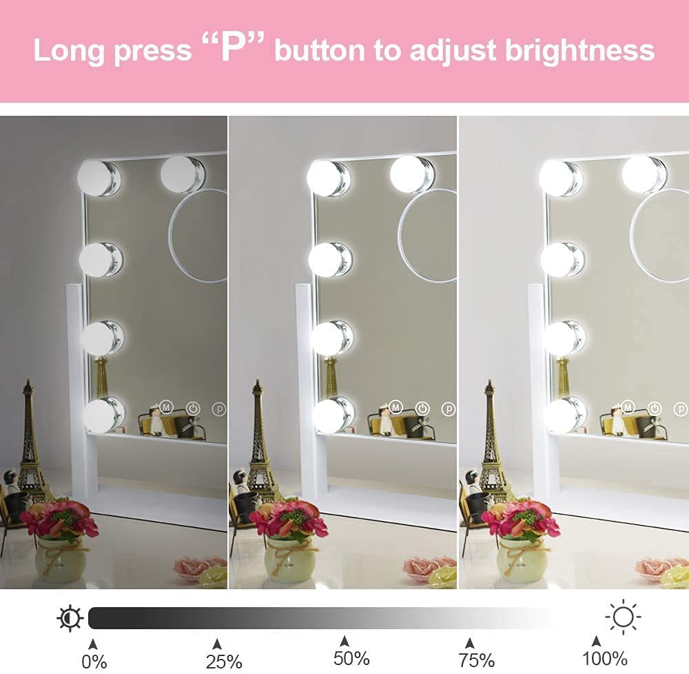 Makeup Mirror with Lights, Hollywood Light Mirror with 9 Dimmer Led Bulbs, Plug in Light-up Beauty Mirror, Touch Screen Lighted Table Set Mirror, 360°Rotation(White)