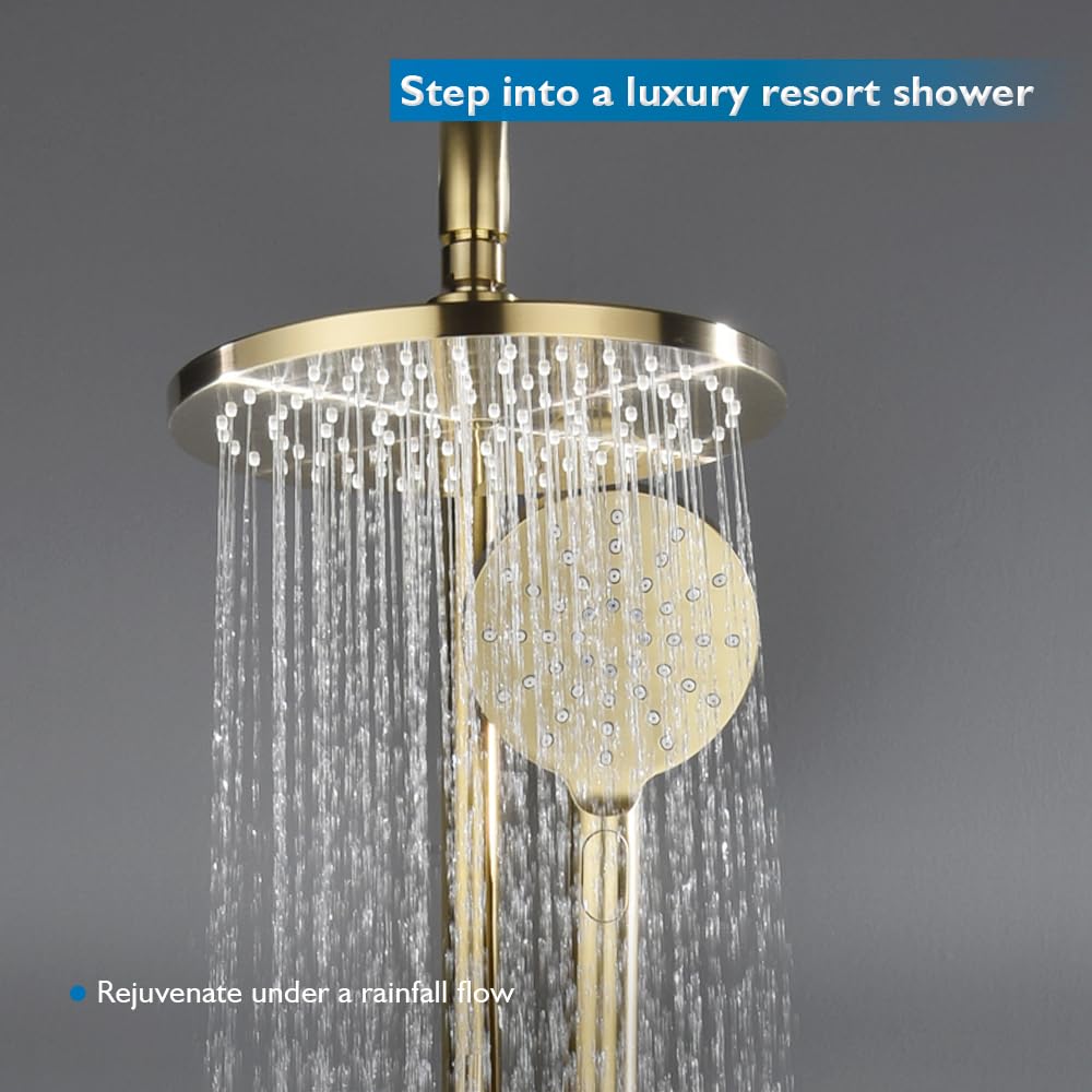 9" Rain Shower Head Set 2 in 1 Shower Rail Wall Mounted 3-Mode Handheld Spray Round Bathroom(Brushed Gold)