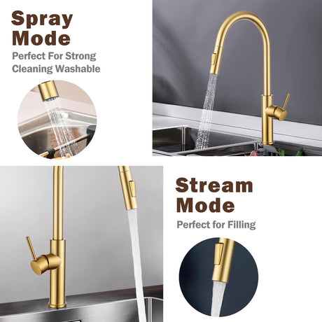 2 Mode Pull Out Kitchen Tap Swivel Gooseneck Laundry Sink Taps Faucet WELS Kitchen Mixer Tap(Brushed Yellow Gold)