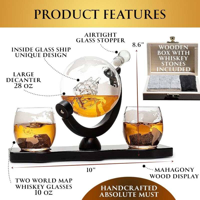 Whiskey & Wine Decanter Globe World Set with Globe Glasses Anniversary Birthday House Warming for Liquor Scotch Bourbon Vodka, for Him Husband, Globe The Wine Savant - 850ml - Whiskey Decanter Globe