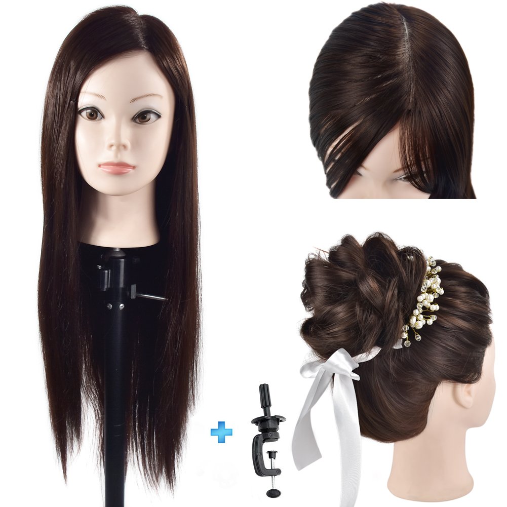 Cosmetology Mannequin Head with Hair for Braiding 26" Brown Training Head Manikin Doll Head Synthetic Fiber Hair with Clamp