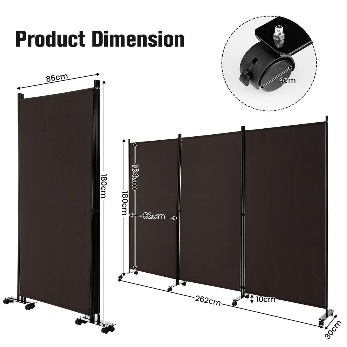 3 Panels Folding Privacy Screen, 180cm Tall Room Divider with Metal Frame & Wear-Resistant Fabric, Freestanding Partition Wall Divider with Rolling Wheels for Home, Office, Hospital