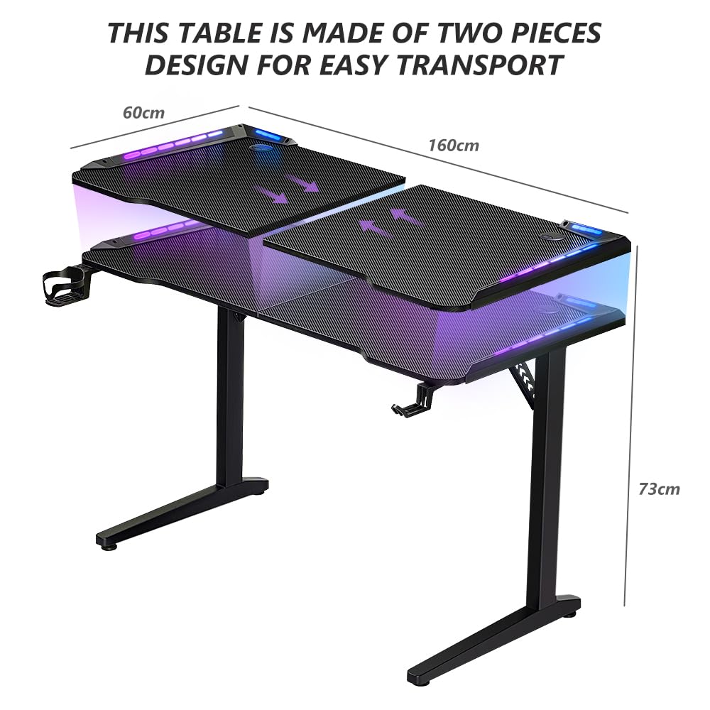 Furb 160cm RGB Gaming Desk with LED Lights, Black PC Computer Desk T Shaped Ergonomic Home Office Desk, Carbon Fibre Texture Gaming Table Workstation with Cup Holder Headphone Hook