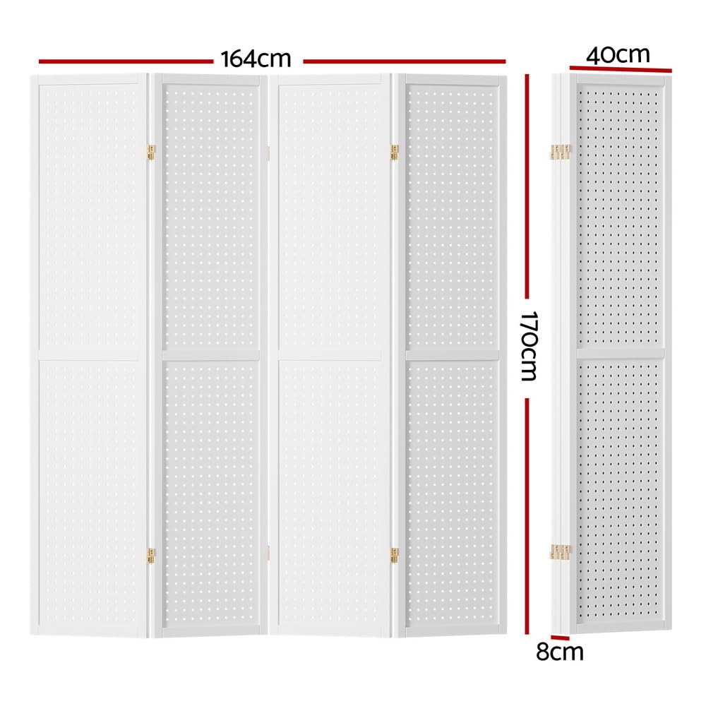 Artiss Room Divider, 4 Panels Folding Privacy Portable Screen Shelf Dividers Partition Wall Screens Home Pet Child Indoor Bedroom Furniture, Separator Water-Resistant Pegboard Stand Hollow White