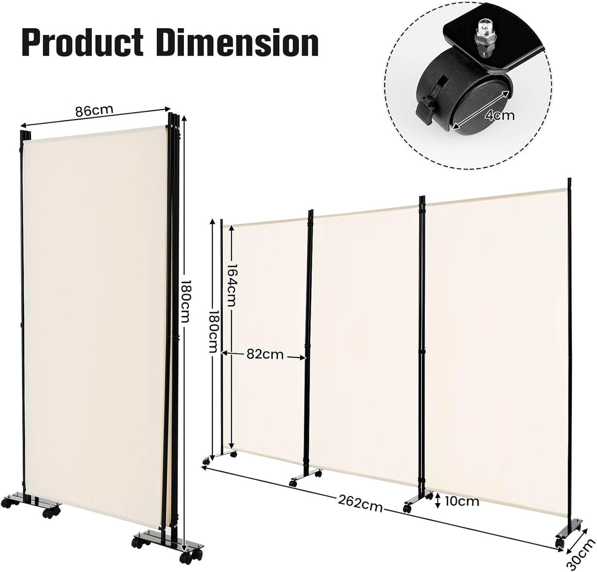 3 Panels Folding Privacy Screen, 180cm Tall Room Divider with Metal Frame & Wear-Resistant Fabric, Freestanding Partition Wall Divider with Rolling Wheels for Home, Office, Hospital