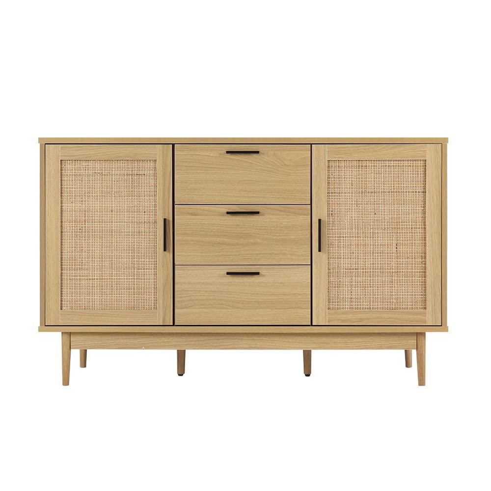 Buffet Sideboard Rattan with 3 Drawers Doors and Adjustable Inner Shelves Pantry Cupboard Corner Cabinet, Kitchen Storage Table Display Organizer Dining Furniture Living Room Home