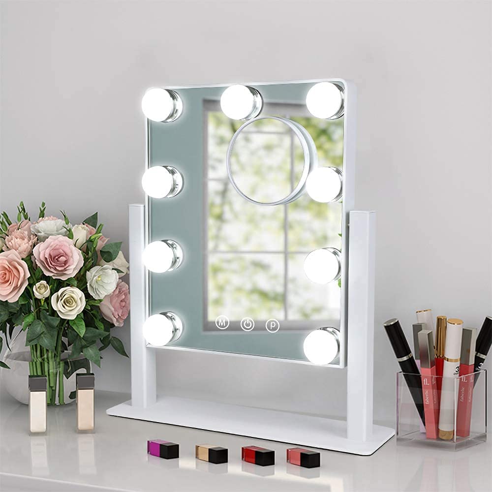 Makeup Mirror with Lights, Hollywood Light Mirror with 9 Dimmer Led Bulbs, Plug in Light-up Beauty Mirror, Touch Screen Lighted Table Set Mirror, 360°Rotation(White)