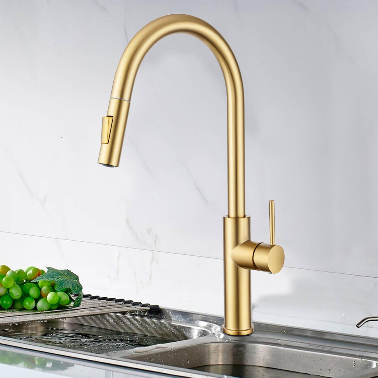 2 Mode Pull Out Kitchen Tap Swivel Gooseneck Laundry Sink Taps Faucet WELS Kitchen Mixer Tap(Brushed Yellow Gold)