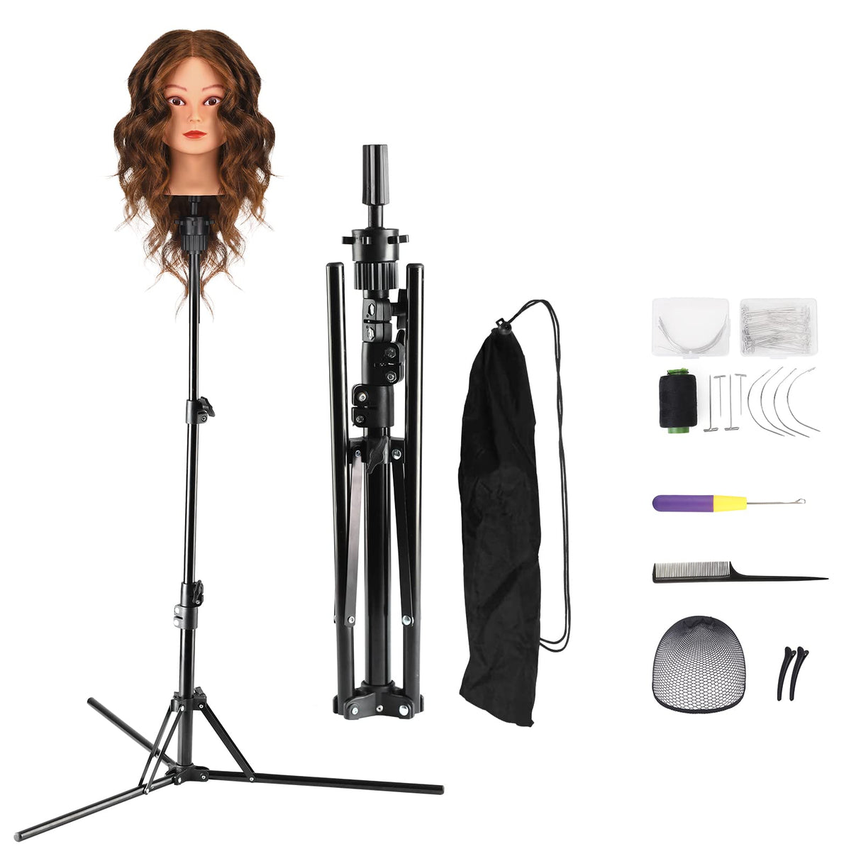 63 Inch Wig Stand Tripod,Metal Adjustable Mannequin Foldable Head Stand with Set for Cosmetology Hairdressing Training