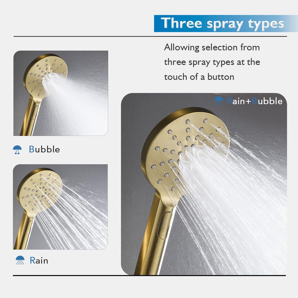 9" Rain Shower Head Set 2 in 1 Shower Rail Wall Mounted 3-Mode Handheld Spray Round Bathroom(Brushed Gold)