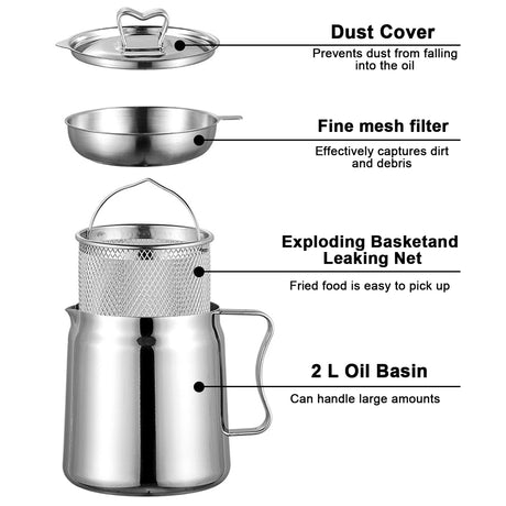 2L Stainless Steel Oil Filter Pot,Upgrade 304 Large Capacity Versatile Oil Filter Vessel,Bacon Grease Saver with Fine Mesh Strainer & Deep Fryer Basket,Multi-function Frying Net Tank for Kitchen