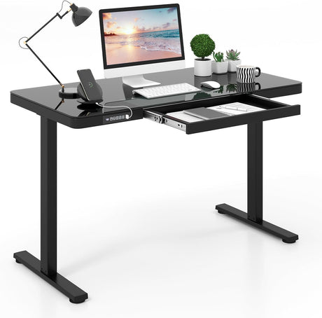 Electric Standing Desk with Drawer, Height Adjustable Desk with Whole Piece Tempered Glass Top, Sit Stand Desk with 2 Memory Positions & USB Type-C Outlets for Home Office 120x60 cm