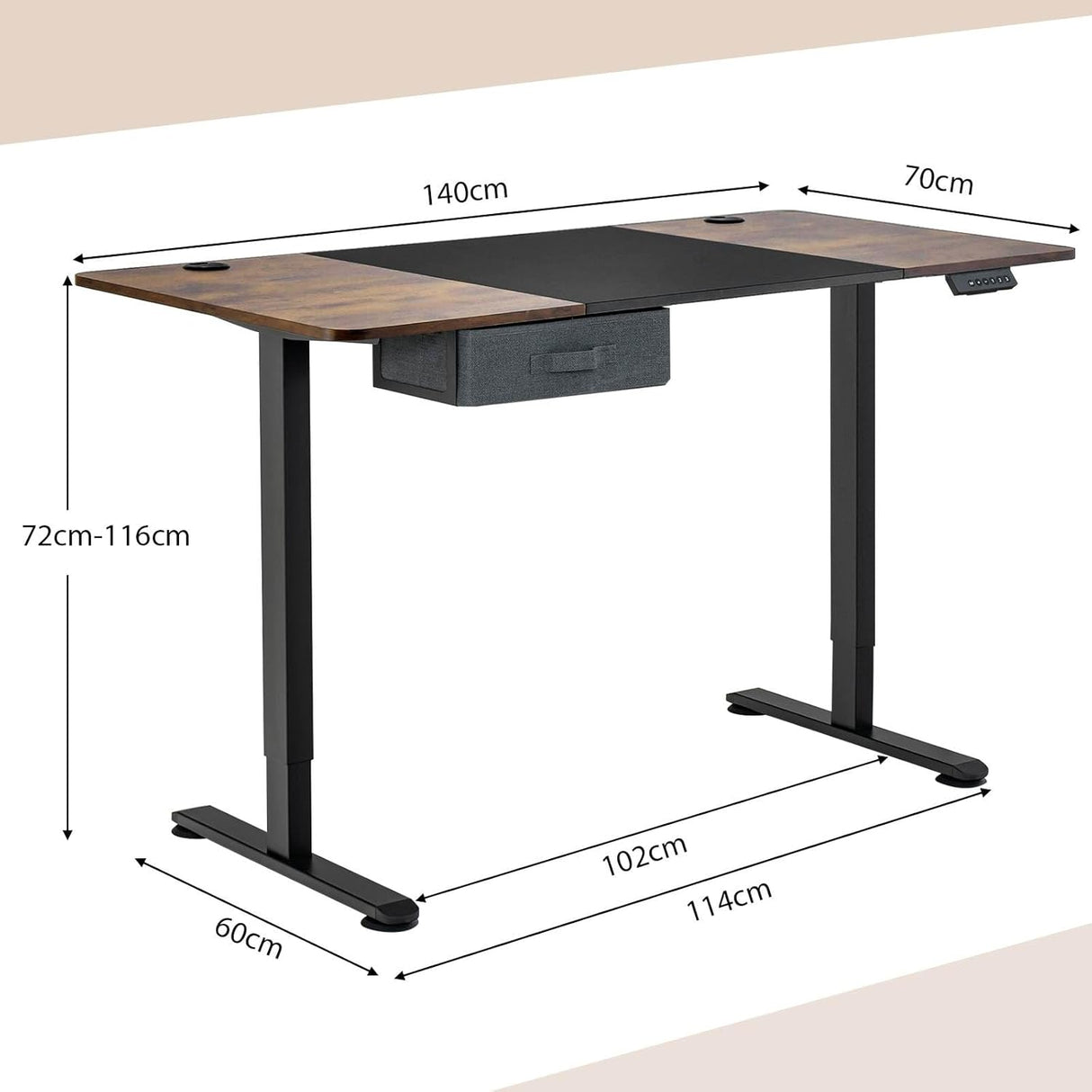 Electric Height Adjustable Standing Desk, Ergonomic Sit Stand Desk, Stand up Computer Workstation w/USB Charging Port, Storage Drawer, 2 Cable Holes, for Home Office 140 x 70 cm