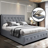 Double Bed Frame Platform Tufted Headboard Frames Gas Lift Beds Base with Storage Space Bedroom Room Decor Home Furniture, Upholstered with Grey Faux Linen Fabric + Foam + Wood