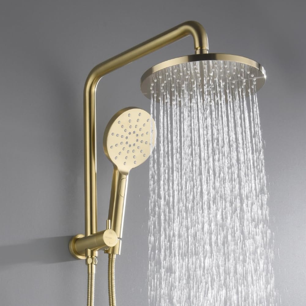 9" Rain Shower Head Set 2 in 1 Shower Rail Wall Mounted 3-Mode Handheld Spray Round Bathroom(Brushed Gold)