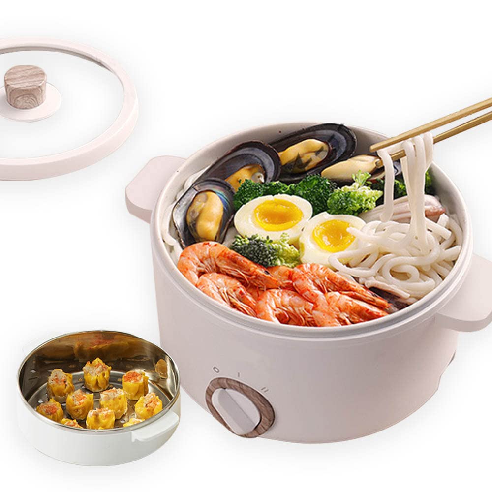 Electric Hot Pot with Steamer, 1.5L Portable Electric Skillet with Nonstick Coating, Dual Power Control Multi-Function Electric Cooker for Stir Fry, Steak, Noodles, Ramen Cooker for Dorm and Office