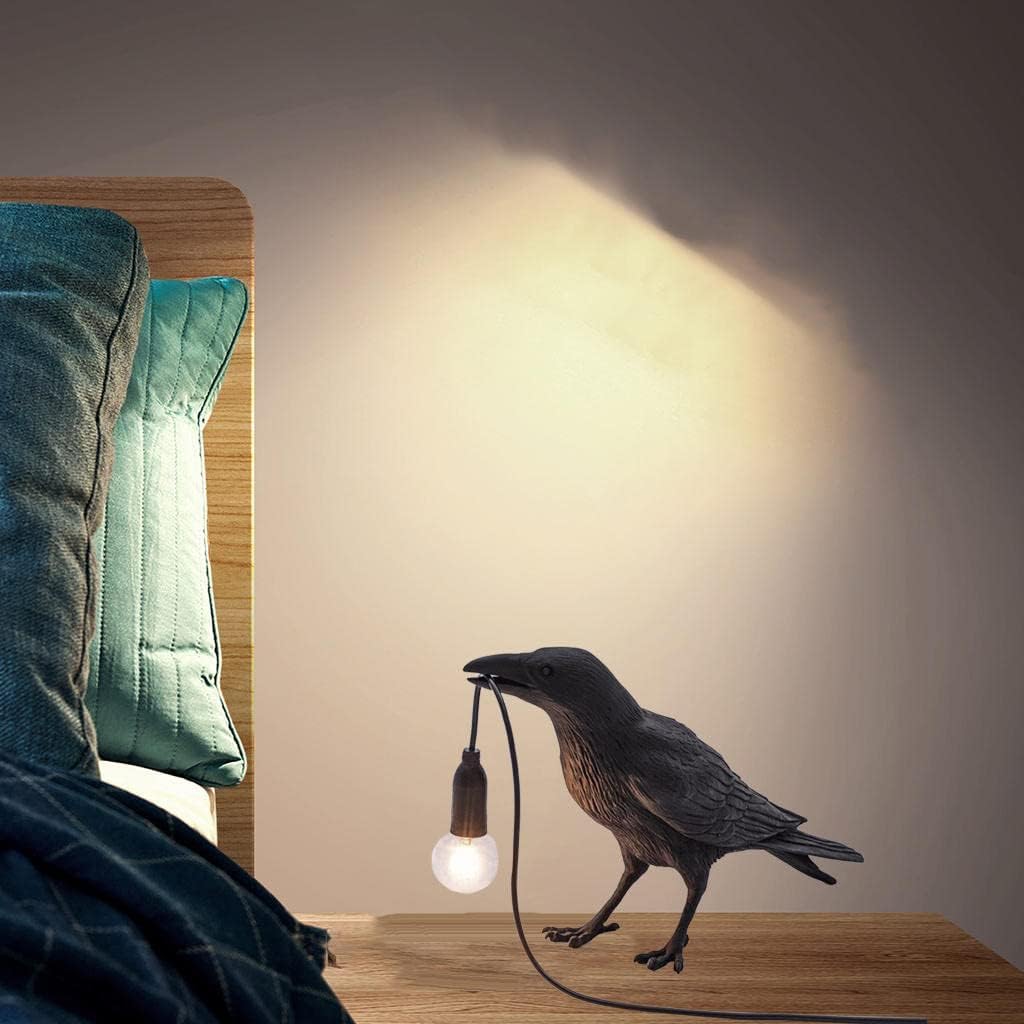 Raven Table Lamps with Plug，Unique Crow Decor Lamp Resin Bird lamp in Black for Bedroom/Office/Living Room/College Dorm/Farmhouse Art Decor(Bulb Included)