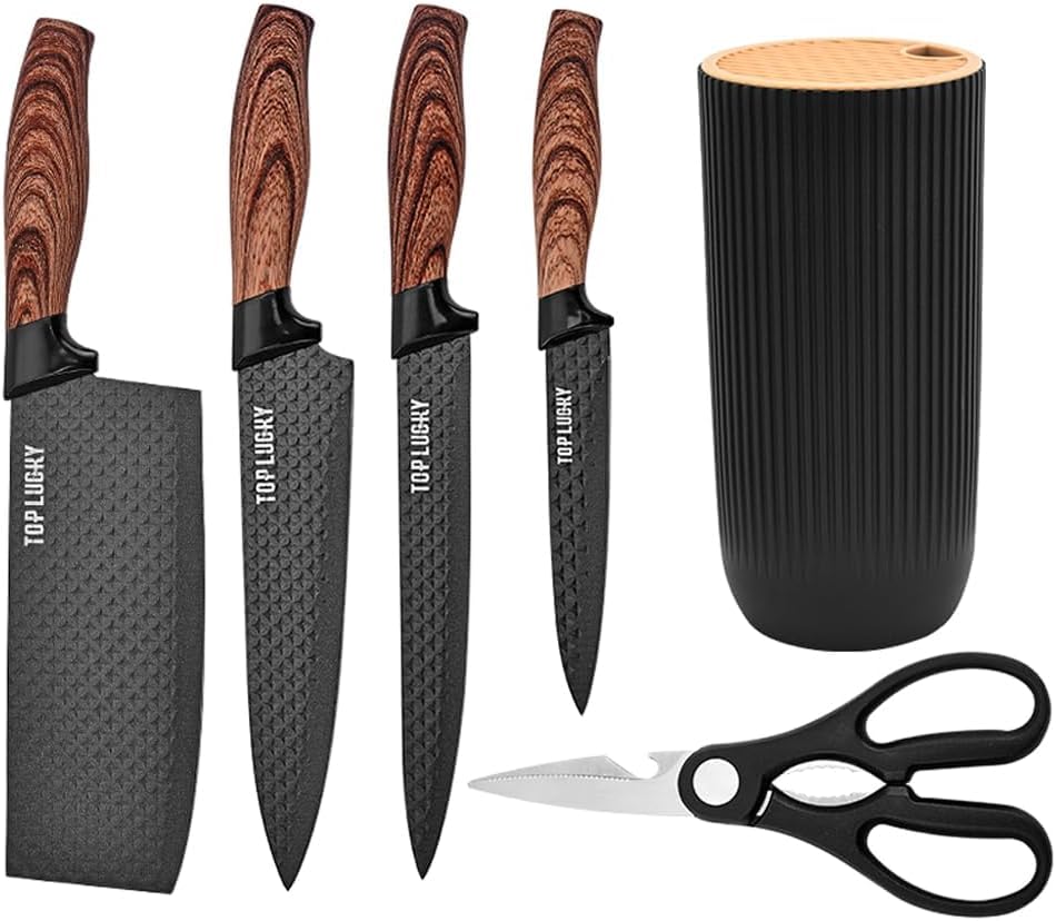 Kitchen Knife Set,6-Pieces Black Sharp Knife Set for Kitchen, Non-Stick Non-Slip Stainless Steel Chef Knife Set with Universal Knife Block Suitable for Home Restaurant (Wood Grain Black)