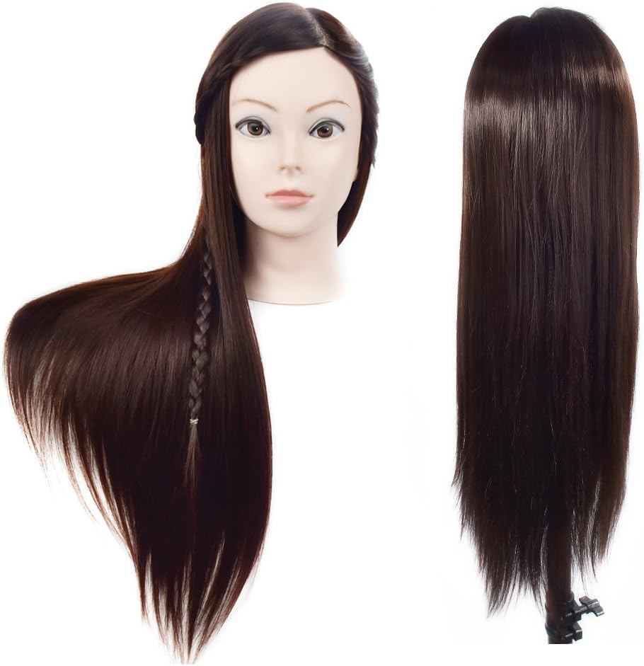 Cosmetology Mannequin Head with Hair for Braiding 26" Brown Training Head Manikin Doll Head Synthetic Fiber Hair with Clamp