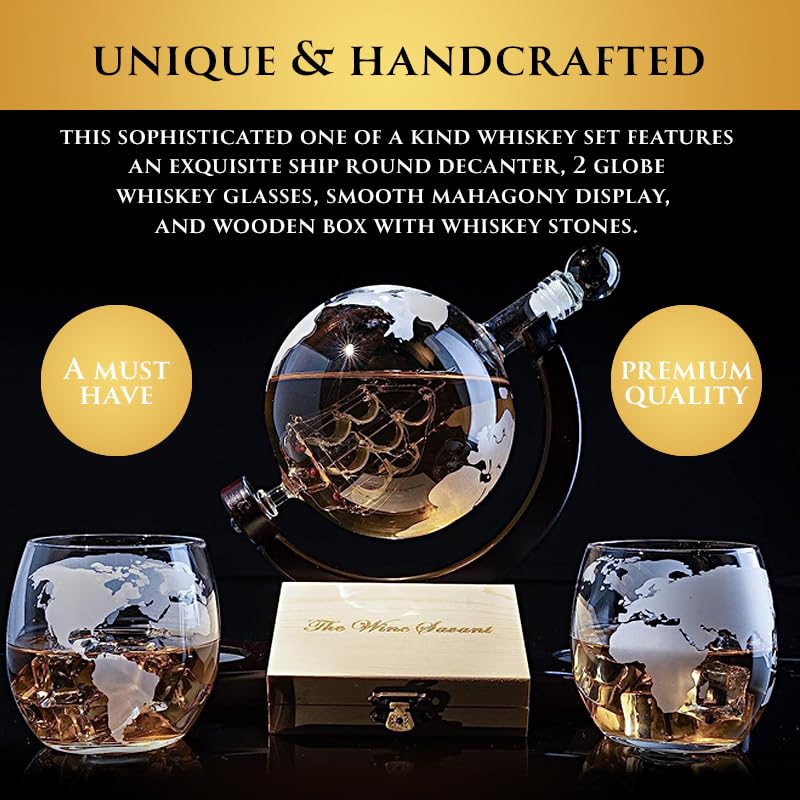 Whiskey & Wine Decanter Globe World Set with Globe Glasses Anniversary Birthday House Warming for Liquor Scotch Bourbon Vodka, for Him Husband, Globe The Wine Savant - 850ml - Whiskey Decanter Globe