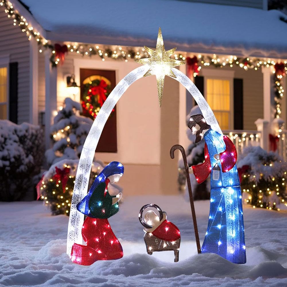 Outdoor Christmas Decorations Lighted Nativity Scene, 5ft Light Up Nativity Scene Yard Sign LED Nativity Set with Ground Stakes for Lawn, Xmas Holiday Party Garden Decor