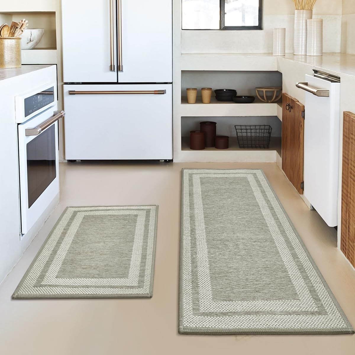 Rubber Non-Slip Washable Absorbent Kitchen Rugs and Mats Set of 2, Kitchen Mats for Floor Kitchen Runner Hallway Laundry Room in Front of Sink Beige Grey - 43 x 73 and 43 x 118 cm