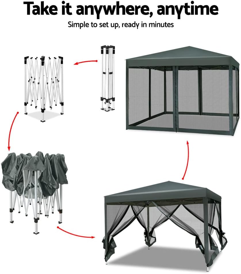 3x3 Marquee Gazebo, Pop Up Camping Tent Folding Gazebos Garden Outdoor Wedding Party Canopy Patio Carport, Water Resistant and UV Carry Bag Mesh Panels