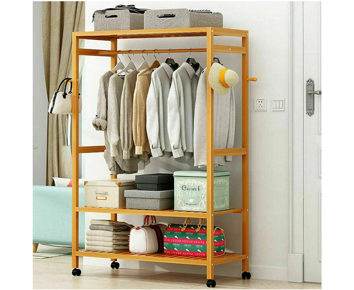 Heavy Duty Wooden Clothes Rail Rack Garment Stand Corner Open Wardrobe w/ Wheels