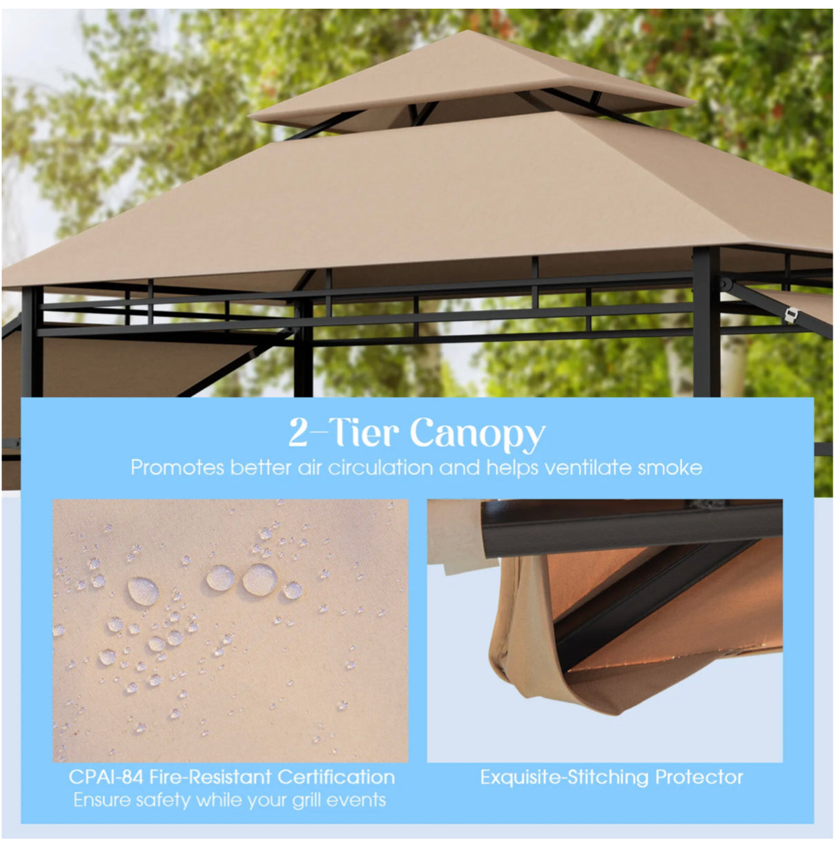 Patio BBQ Grill Gazebo Side Awnings Shelves 2-Tier Canopy Outdoor 413 x 122cm