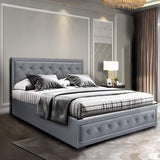 Double Bed Frame Platform Tufted Headboard Frames Gas Lift Beds Base with Storage Space Bedroom Room Decor Home Furniture, Upholstered with Grey Faux Linen Fabric + Foam + Wood