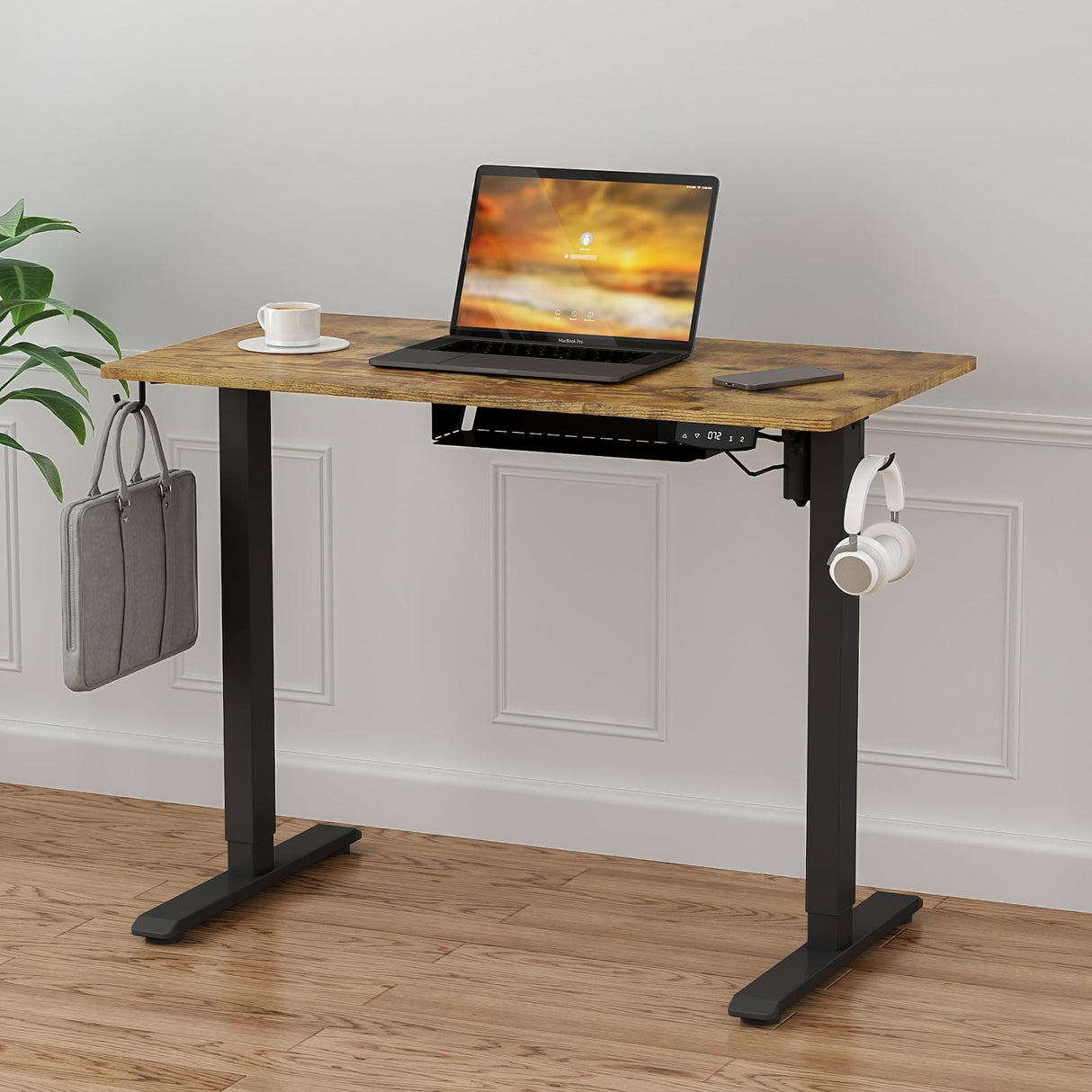 Electric Standing Desk, Height Adjustable Ergonomic Sit Stand Desks with Hanging Hooks and Cable Management, 100 x 55 cm Whole Piece Desktop, for Small Space, Black Frame