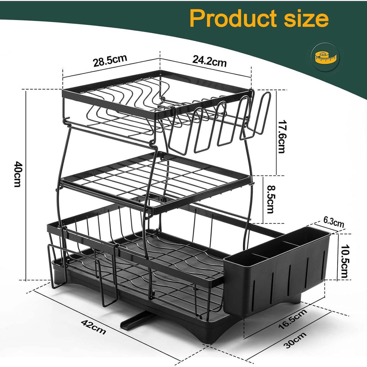 Dish Drying Rack,3-Tier Stainless Steel Dish Drainer with Drip Tray,Black Drainer with Wine Glass Holder,Removable Cutlery Rack for Kitchen Organization