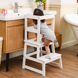 Kids Kitchen Step Stool for Kids with Safety Rail,Solid Wood Construction Toddler Learning Stool, Montessori Toddlers Kitchen Stool Tower (White)