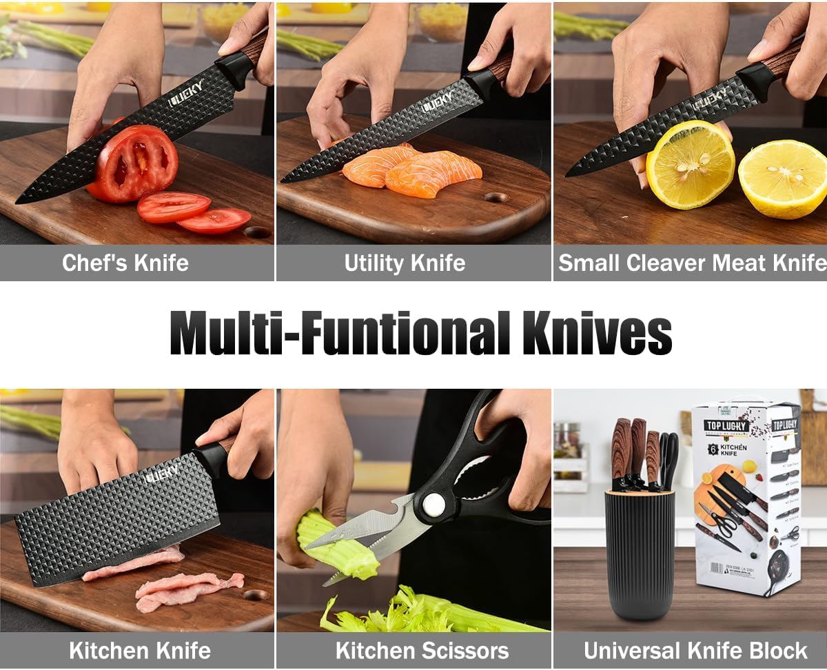 Kitchen Knife Set,6-Pieces Black Sharp Knife Set for Kitchen, Non-Stick Non-Slip Stainless Steel Chef Knife Set with Universal Knife Block Suitable for Home Restaurant (Wood Grain Black)