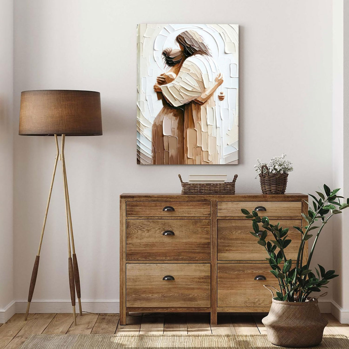 Jesus Embracing Woman Canvas Wall Art, Safe in His Arms Pictures Canvas Print Posters Wall Decor, Christian Wall Art Home Decor for Living & Prayer Room 12x16 inch Framed