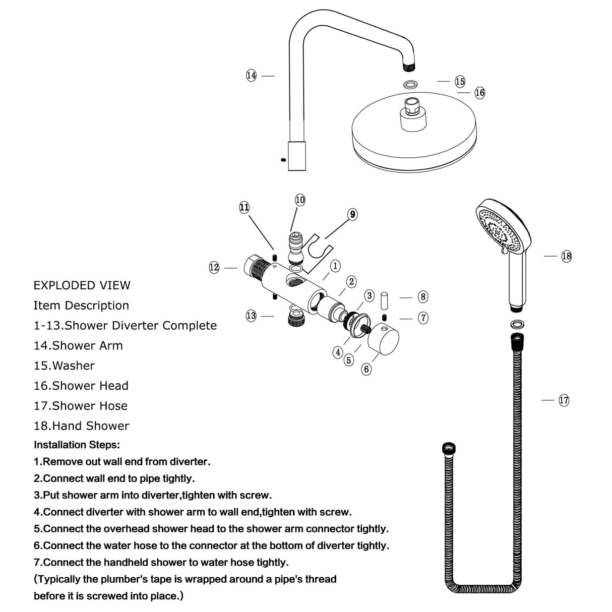 ACA International 10" Rain Shower Head Set, Round 255mm Shower Large Overhead with 2 in 1 Shower Arm Rail and 3-Mode Handheld Spray, Bathroom Shower Set WELS Approved (Chrome)