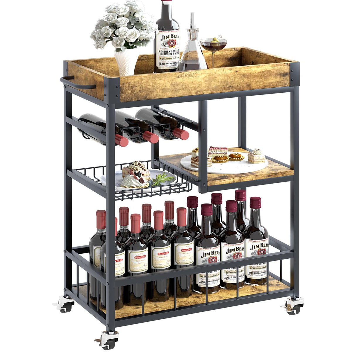 Bar Cart Wine Glass 3 with Basket Tier Home Rolling Rack with Wheels Mobile Kitchen Industrial Vintage Style Wood Metal Serving Trolley Serving Cart,Glass Holder Bar Cabinet