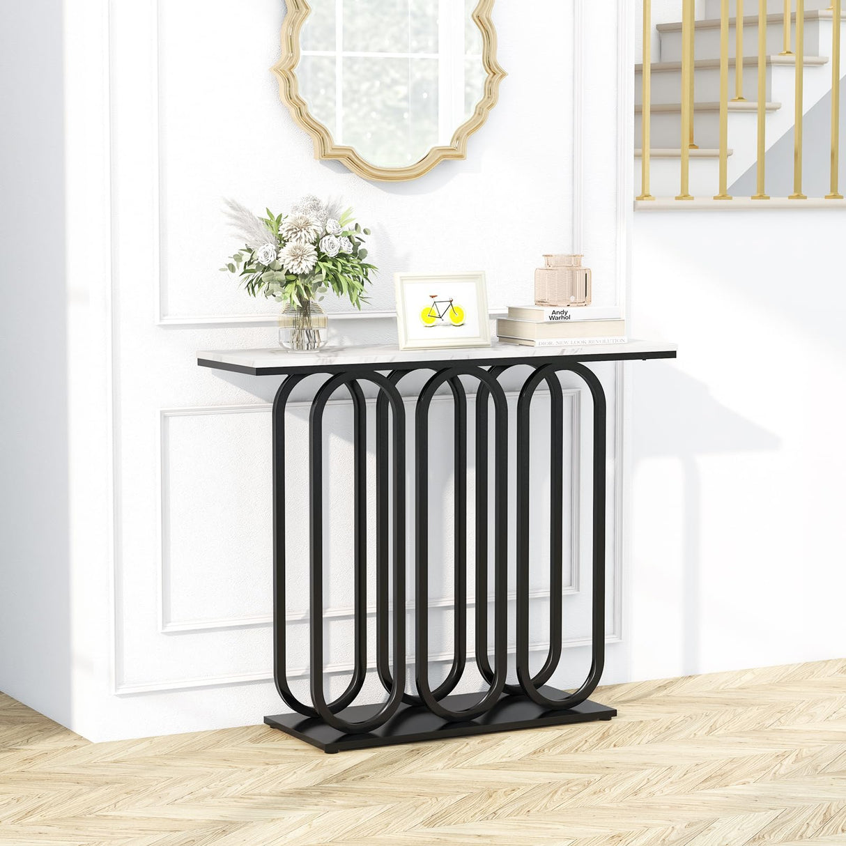 Console Table, Faux Marble Entryway Table with Adjustable Foot Pads, Metal Frame & Anti-Tipping Kits, Hallway Foyer Table, Side Table Behind Couch for Living Room, White & Black 100 cm