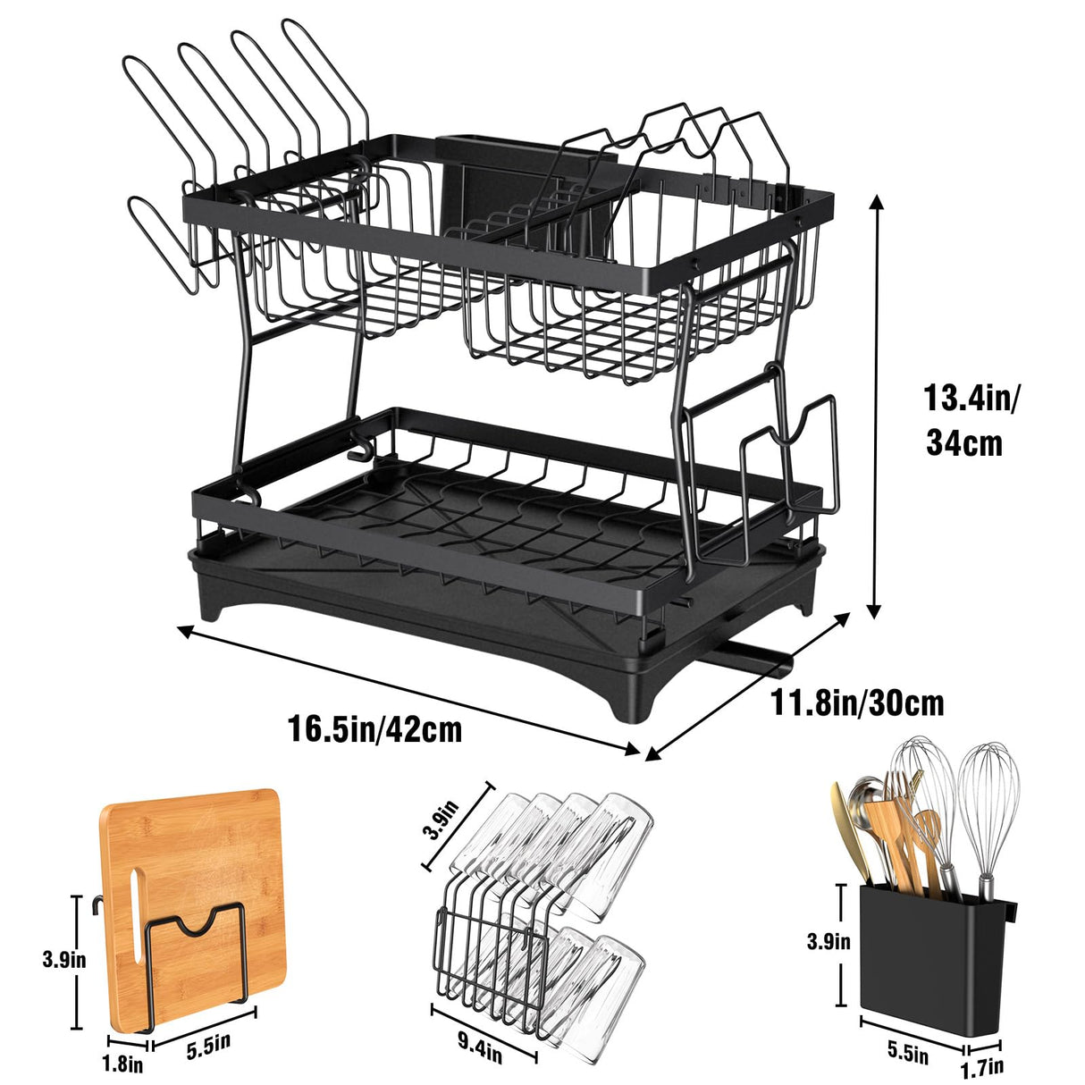 2 Tier Large Dish Drying Rack with Drip Tray, Detachable Dish Drainer Rack with Swivel Drainage Spout, Cutting-Board Holder, Cup Holder, Organize Shelf with Utensil Holder Set, Black