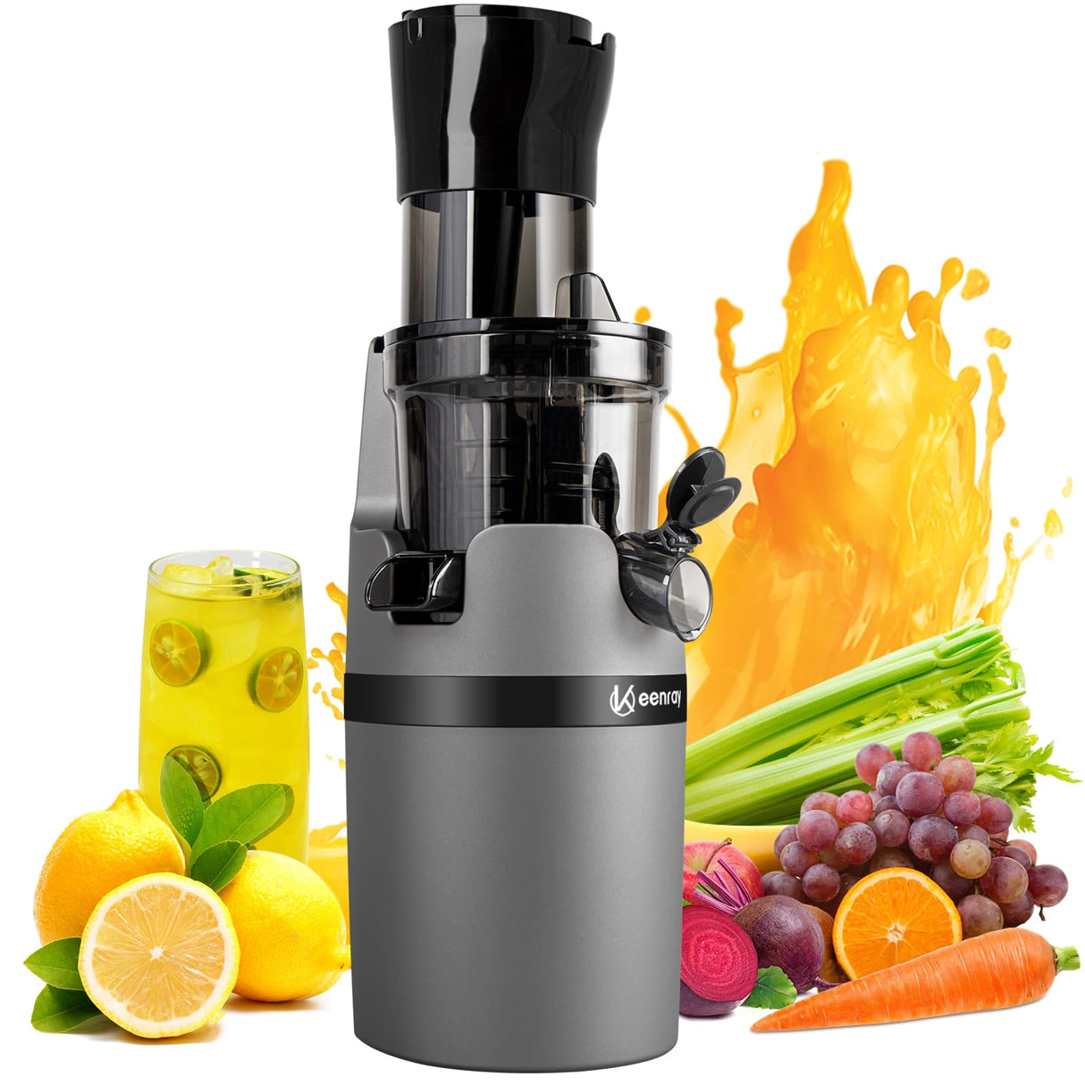 Juicer Machine for Whole Fruits and Vegetables, Cold Press Slow Juicer with Wide Mouth 80mm Feeding Chute, Reverse Function Quiet Motor Fresh Healthy Juice Extractor, EL18, Grey