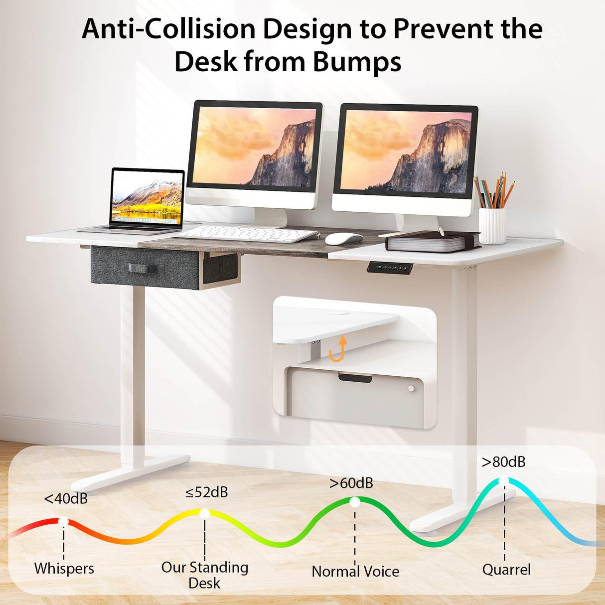 Electric Height Adjustable Standing Desk, Ergonomic Sit Stand Desk, Stand up Computer Workstation w/USB Charging Port, Storage Drawer, 2 Cable Holes, for Home Office 140 x 70 cm