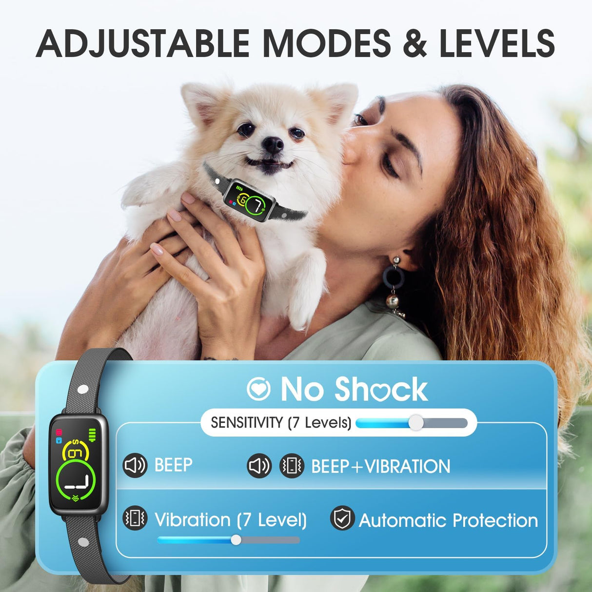 Dog Bark Collar, Smart Bark Collar for Small Medium Dogs, Automatic No Shock Anti Barking Training Collar, Rechargeable No Bark Collar with 7 Adjustable Sensitivity & Beep Vibration Modes