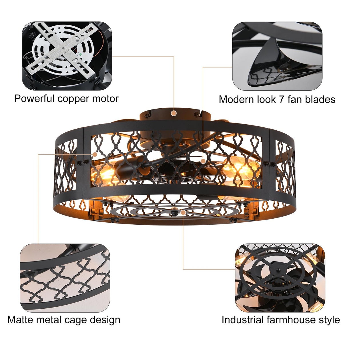 20in Caged Ceiling Fan with Light,Bladeless Black Fandelier Ceiling Fan with Remote,Industrial Farmhouse Flush Mount Ceiling Fan Light Fixtures for Kitchen,Bedroom, Living Room