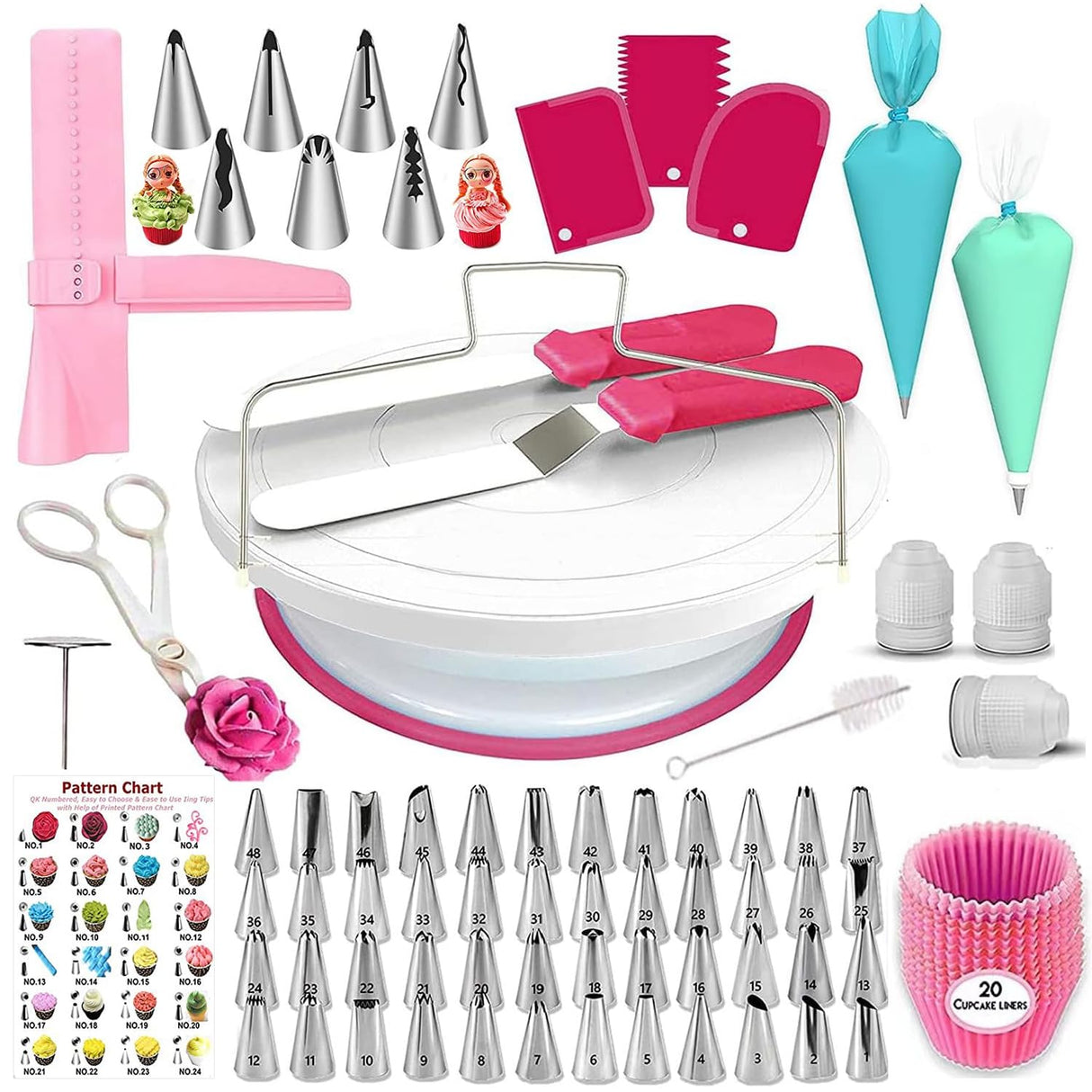 200 PCs Cake Decorating Supplies Kit for Beginners, Cake Decorating Tools, 1 Cake Turntable Stand with Piping Bags & Tips, 55 Piping Tips, 2 Spatula, Silicon Bag & Much More