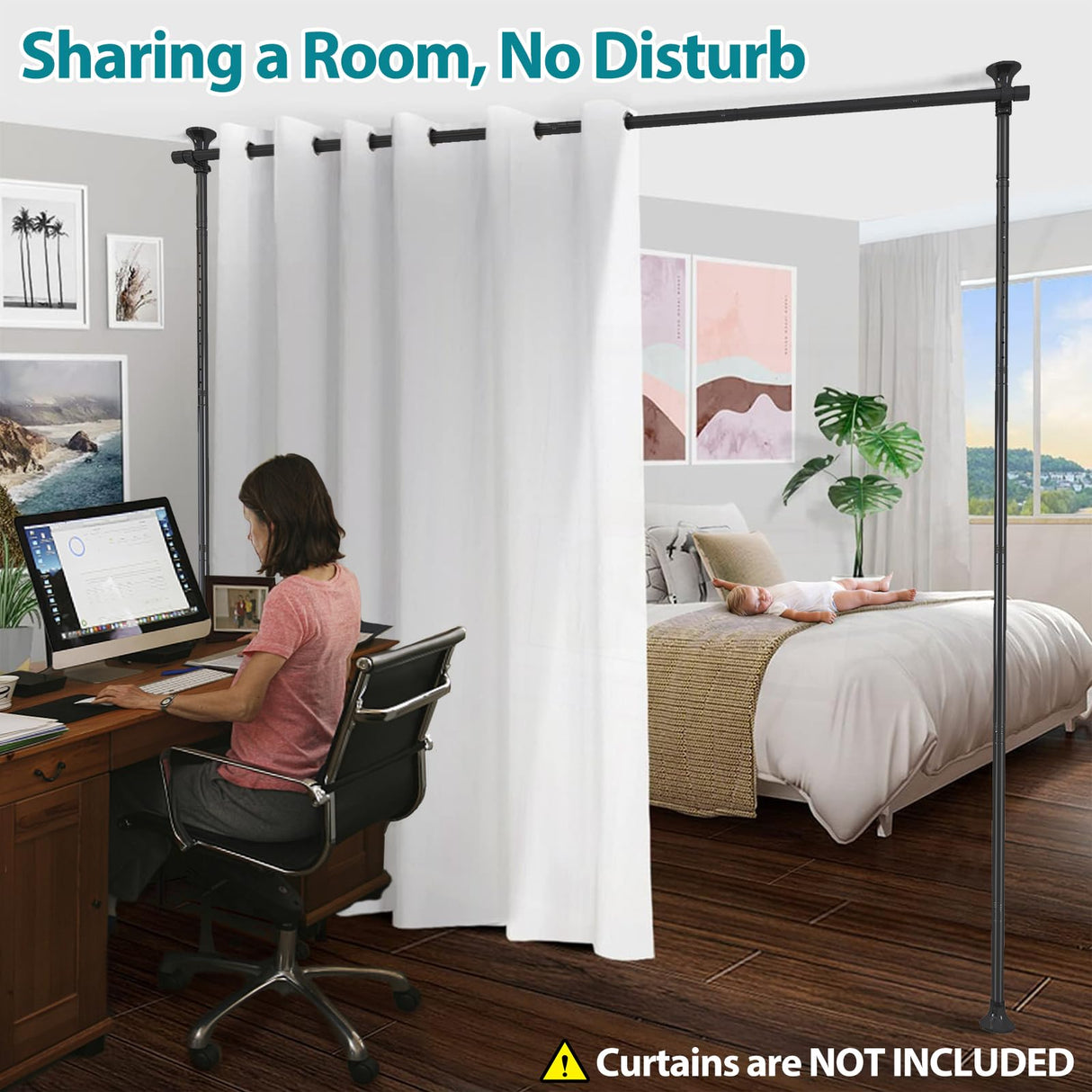 Room Divider- Adjustable 10FT No Drilling Curtain Rods Wall Divider for Room Separation, Heavy Duty Freestanding Hanging Room Divider Curtain Rod for Studio Rental, Room Partitions Dividers