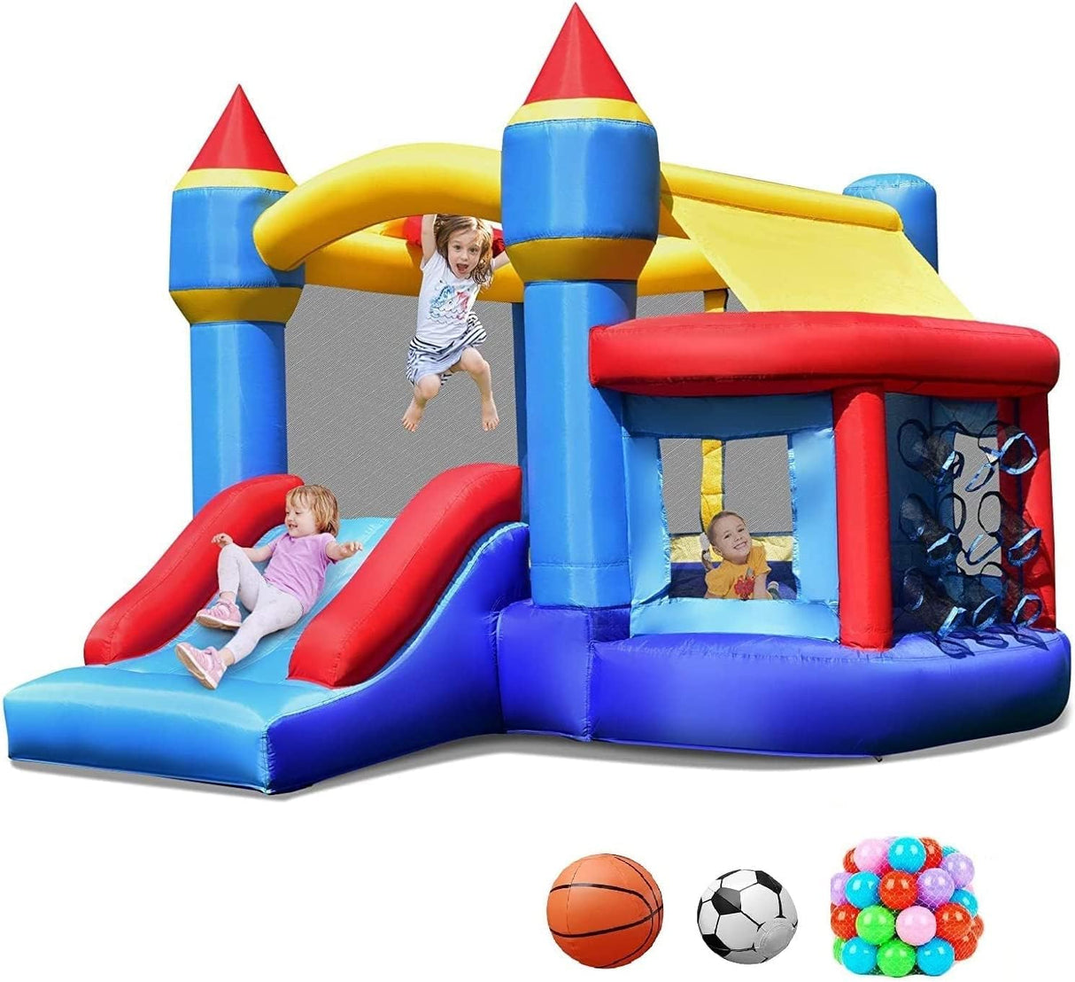 5-in-1 Inflatable Bounce House, Kids Jumper Bouncer w/Slide, Ball Shooting Area, 50 Ocean Balls, Stakes, Outdoor Indoor Jumping Bouncy Castle for Backyard Playground (Without Blower)