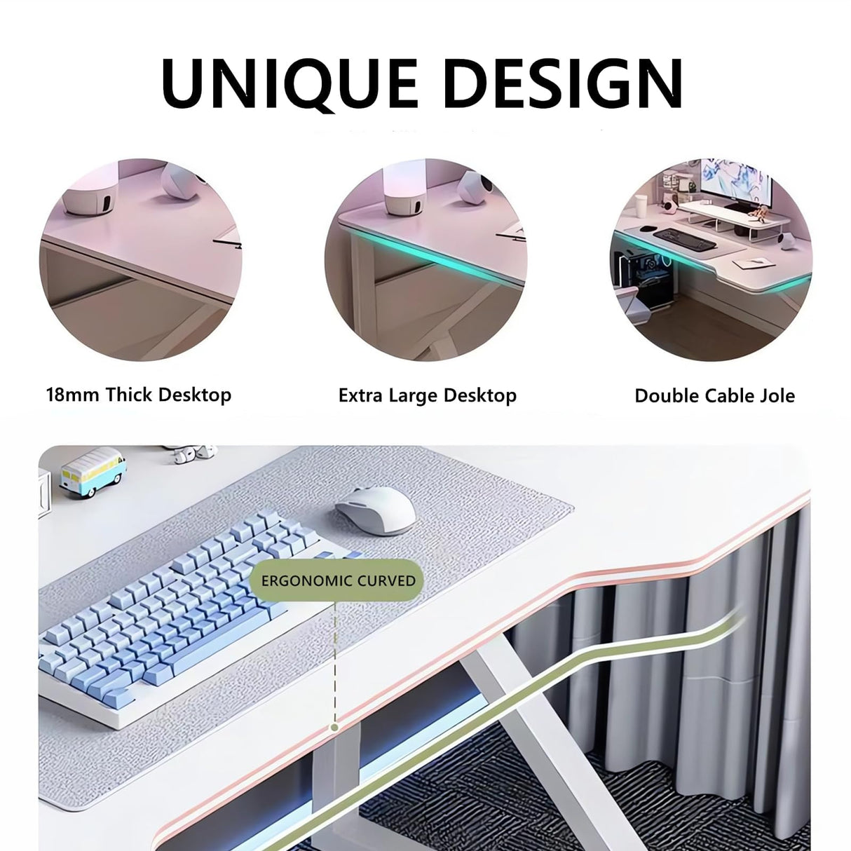 Large Gaming Desk,Ergonomic Lage Gaming Desk,K-Shaped Computer Desk,Home Office Workstation,Space-Saving,Easy to Assemble (White, 100CM)